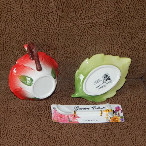 Corner Ruby Garden Collection Poppy Red Flower Teacup Leaf Saucer Spoon Set NWT - Picture 5 of 6